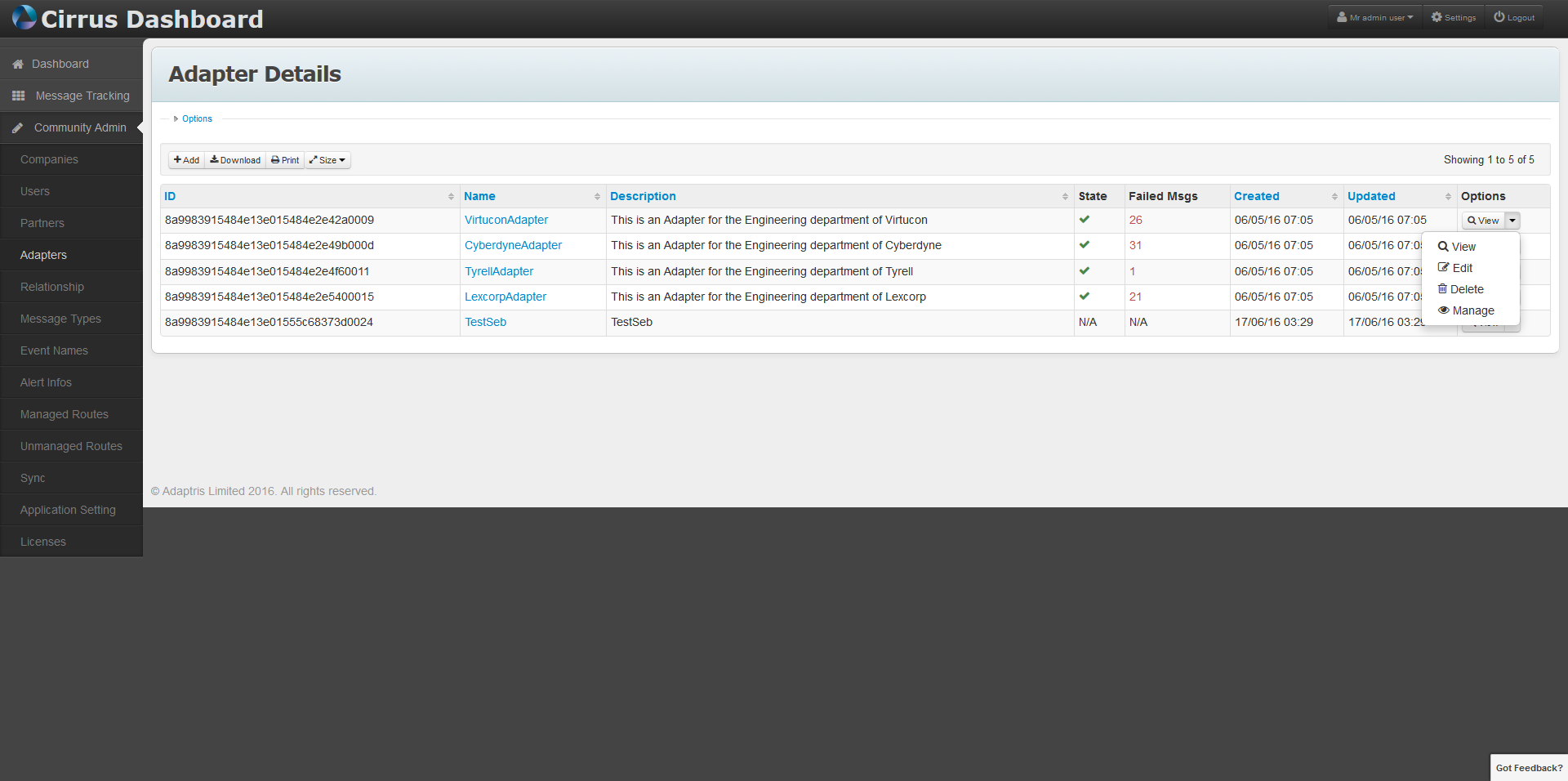 Cirrus UI - Interlok Container Details Page manage button