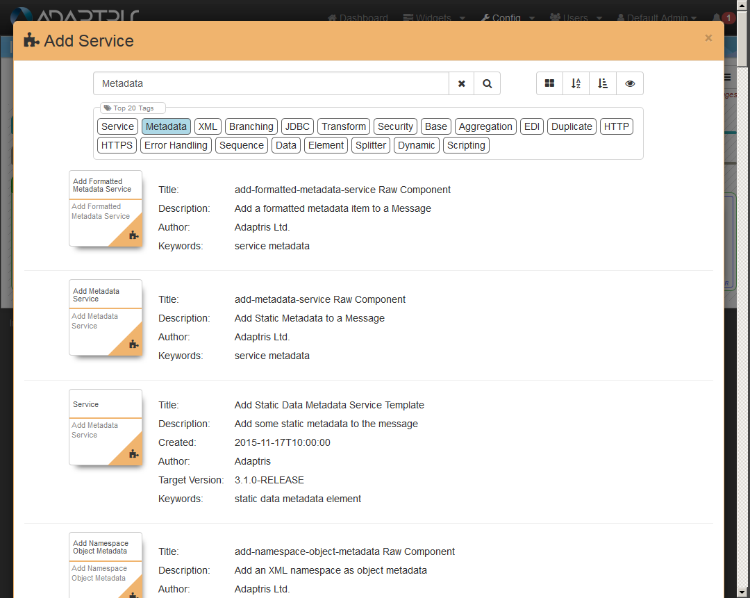 Typical add component modal window showing filtering contents