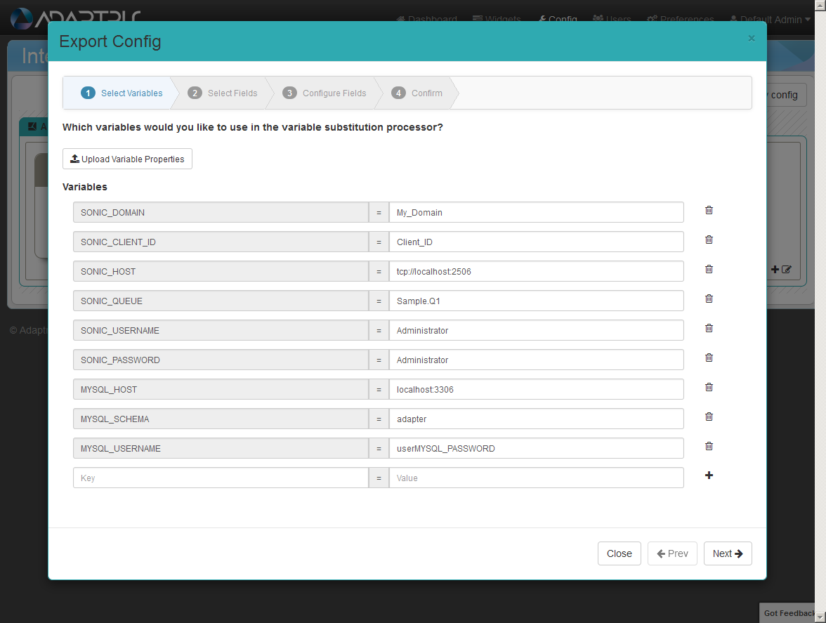 Config page export wizard step one with values defined