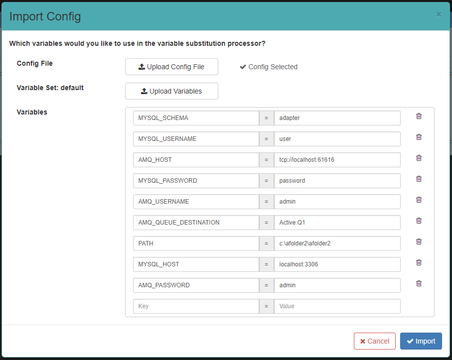 Config page with import open and values selected