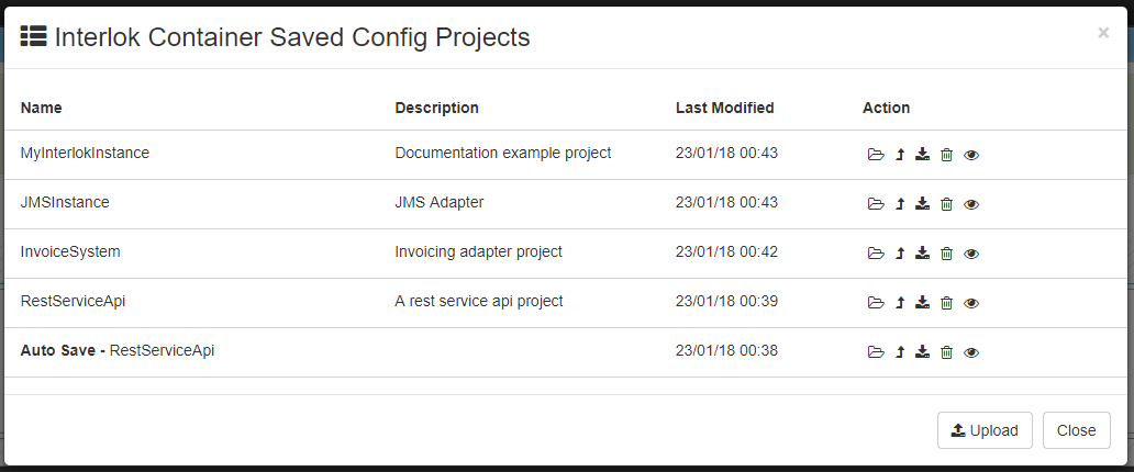 Config page saved config projects modal