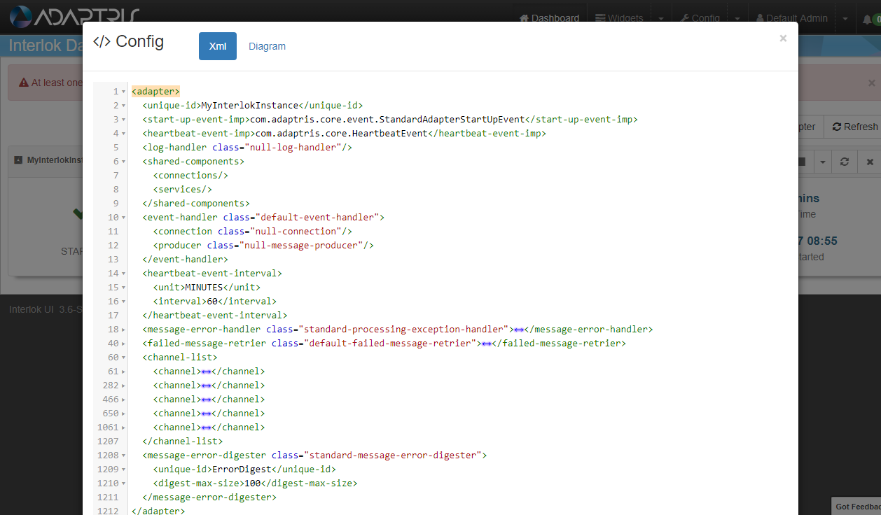 Dashboard Page with the Adapter Config modal showing on the XML view