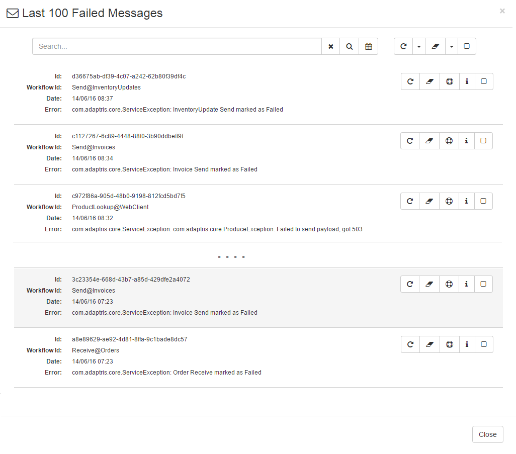 The Dashboard Pages Failed Messages modal window