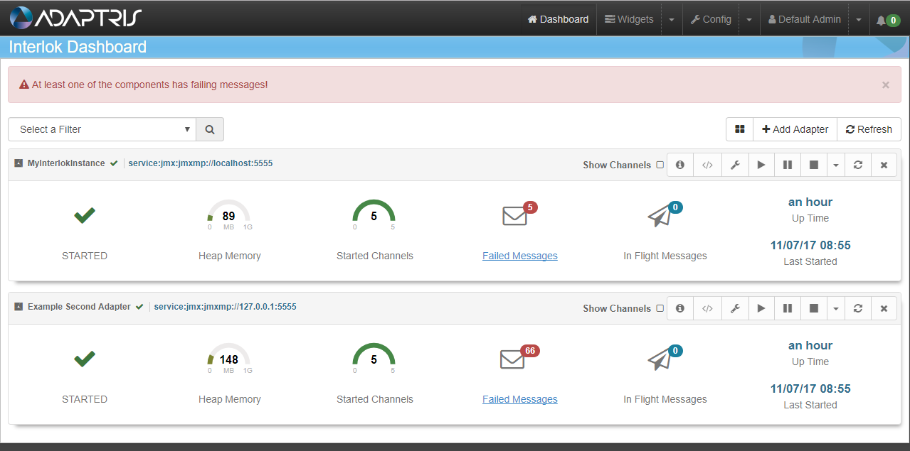 The Dashboard Page with multiple registered Adapter instances