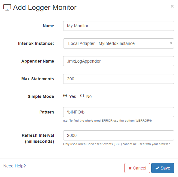 Add Log Monitor modal