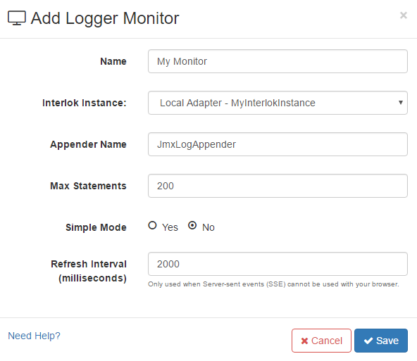 Add Log Monitor modal