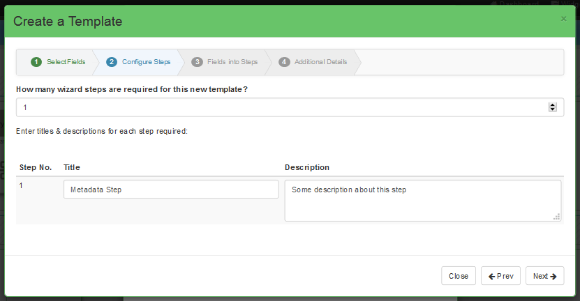 Save as Template Wizard Configure Steps Screen