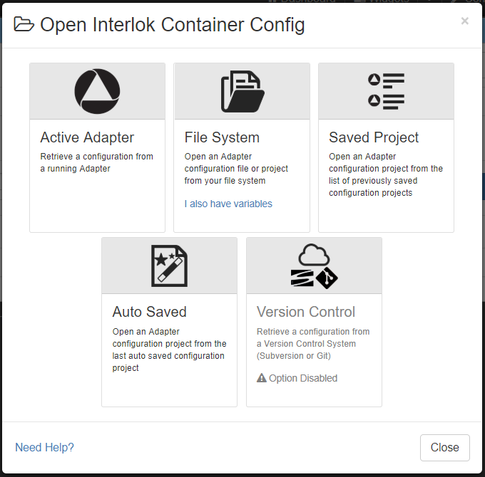 The service tester open interlok config container modal