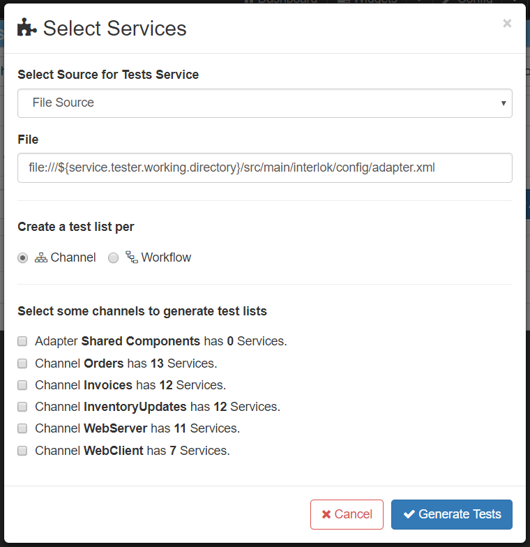 The service tester select services modal