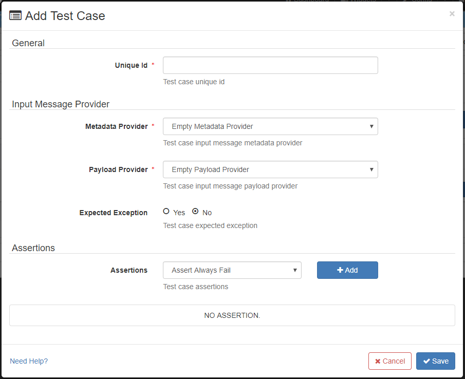 The service tester test case add modal