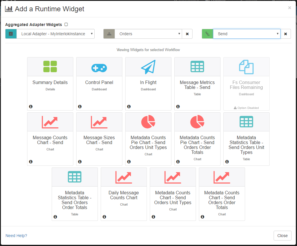 The widget add modal - selected interlok container workflow